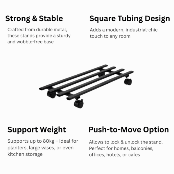 FERTILGRO Modern Square Black Tube Plant Stand with Wheels (Pack of 4) - Image 6